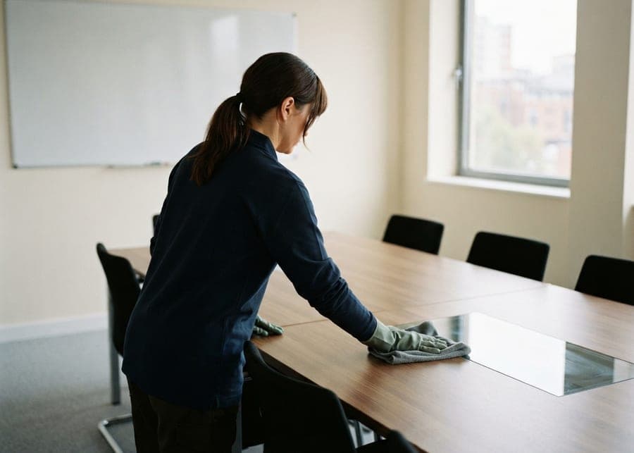 Femme essuyant avec une microfibre la grande table d'une salle de réunion, tableau blanc effacé au fond