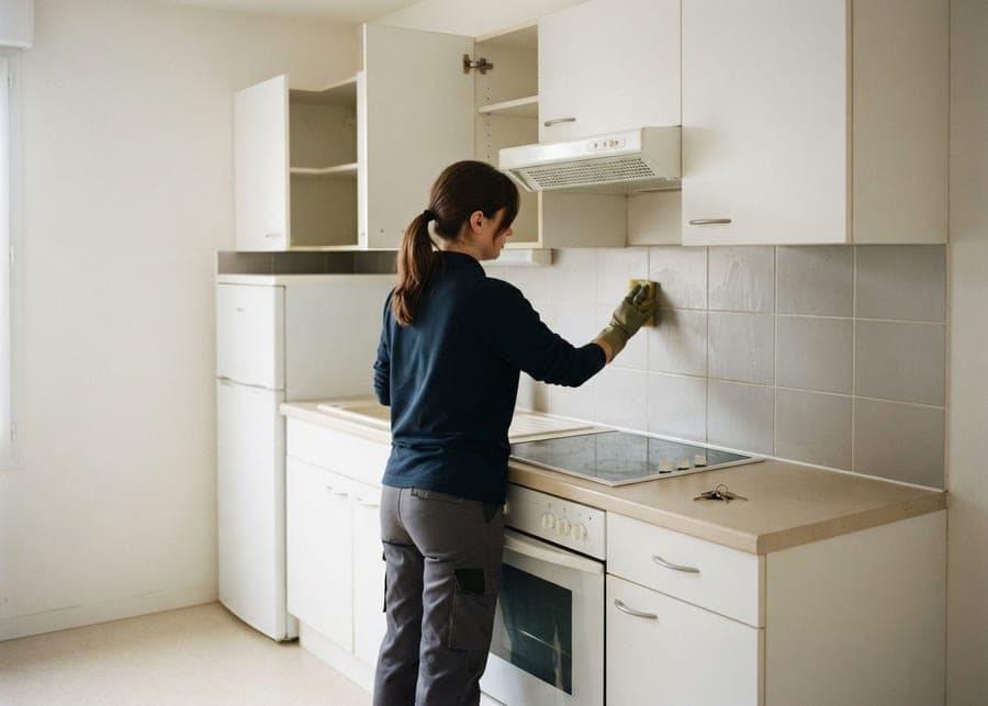 Femme dégraissant la crédence d'une cuisine vide, placards ouverts et trousseau de clés sur le plan de travail